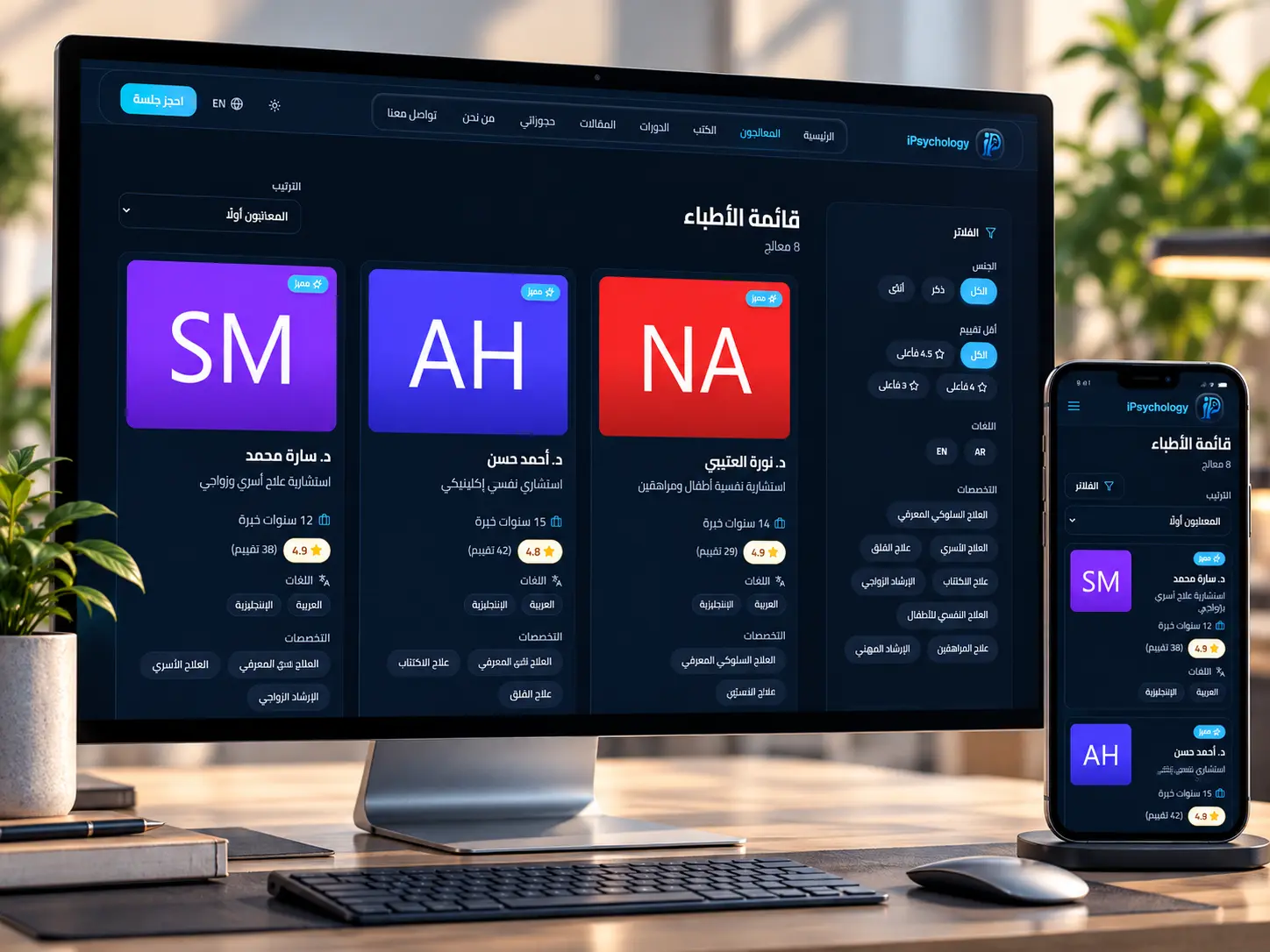 قائمة المعالجين النفسيين مع فلاتر البحث والتقييم